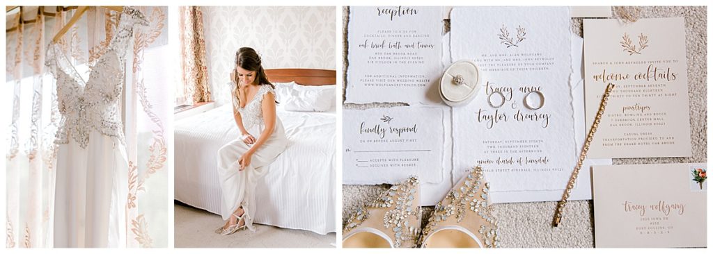 bride getting ready, wedding dress hanging, wedding details with invitation suite 