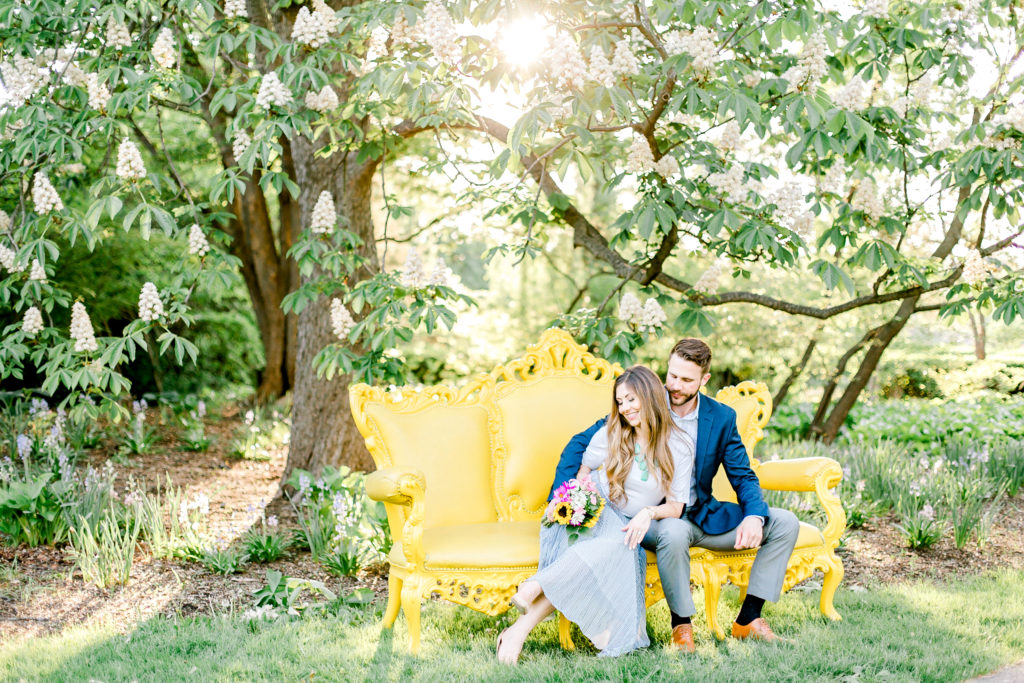 Cantigny park engagement session with yellow couch. Romantic engagement pictures.