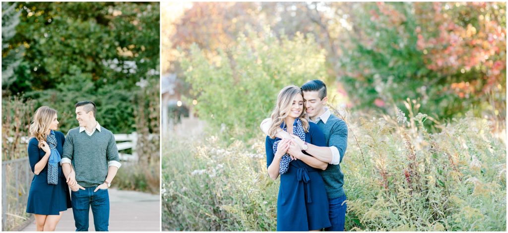 couple snuggling during Chicago engagement session in Lincoln Park zoo
