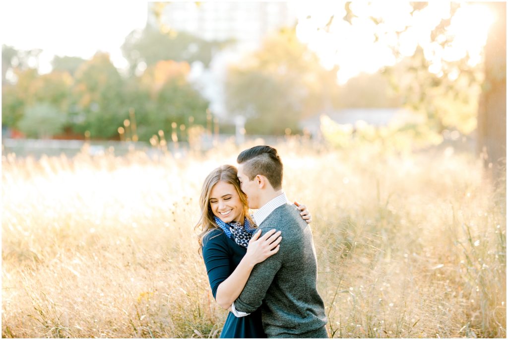 couple posing for engagement session pictures at golden hour in Chicago downtown Lincoln park 