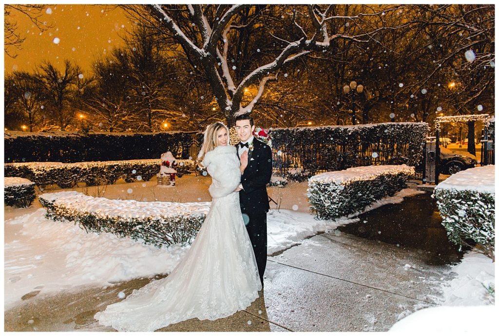 night portrait of bride and groom looking into the camera, snowy winter wedding