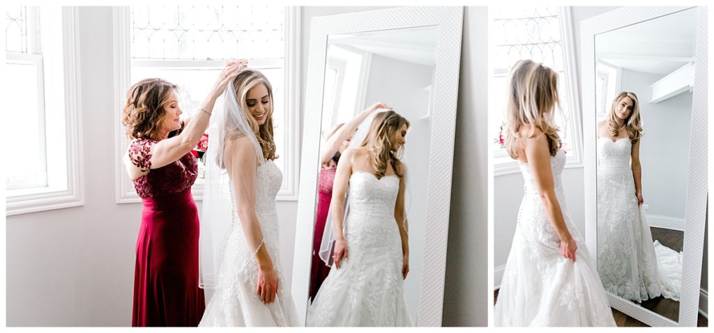 putting the veil on, Stan Mansion wedding, Chicago wedding photographer, by Bozena Voytko Photography, looking into the mirror while getting dressed