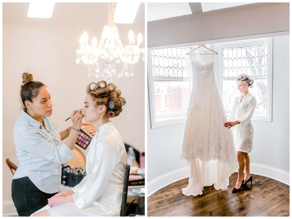 bride getting hair and makeup done at Stan Mansion in Chicago by  Blohaute 