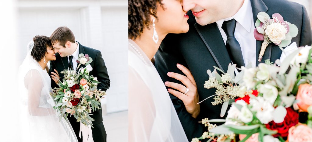 bride and groom romantic portraits, wedding couple kissing
