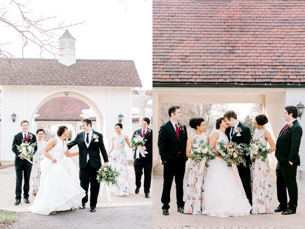bridal party portraits, bride and groom kissing
