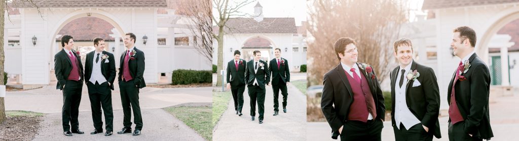 groom and groomsman portraits in front of dananda house in Naperville IL