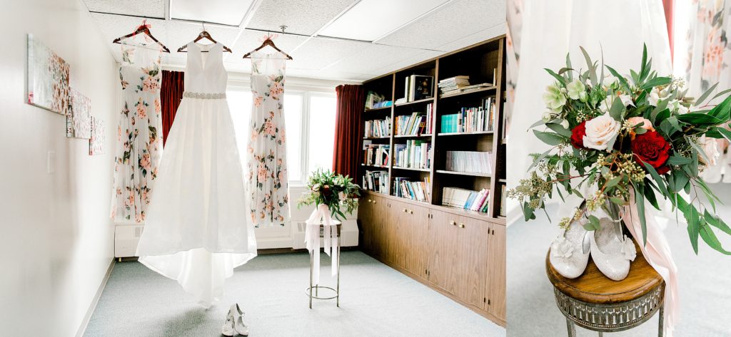 wedding dress with bridesmaids dress hanging from the ceiling 