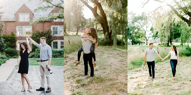 engagement session pictures couple walking, couple dancing, groom is holding bride on his back
