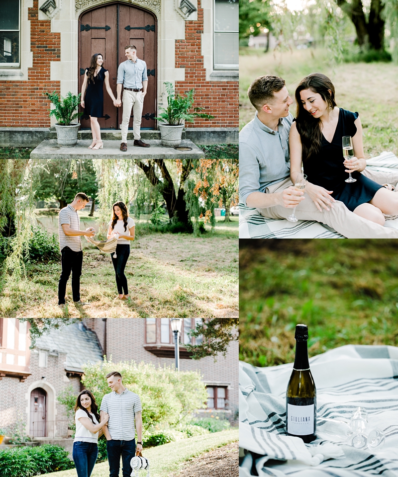 engagement session portraits when couple is drinking champagne standing by the door and looking at each other