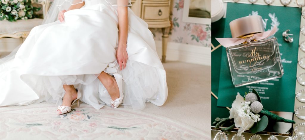 bride sitting and putting her shoes on, on th right wedding invitations, perfumes, boutonniere 
