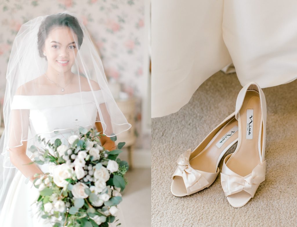 bride sitting holding flowers, looking straight into the camera, wedding shoes by chicago wedding photographer bozena voytko