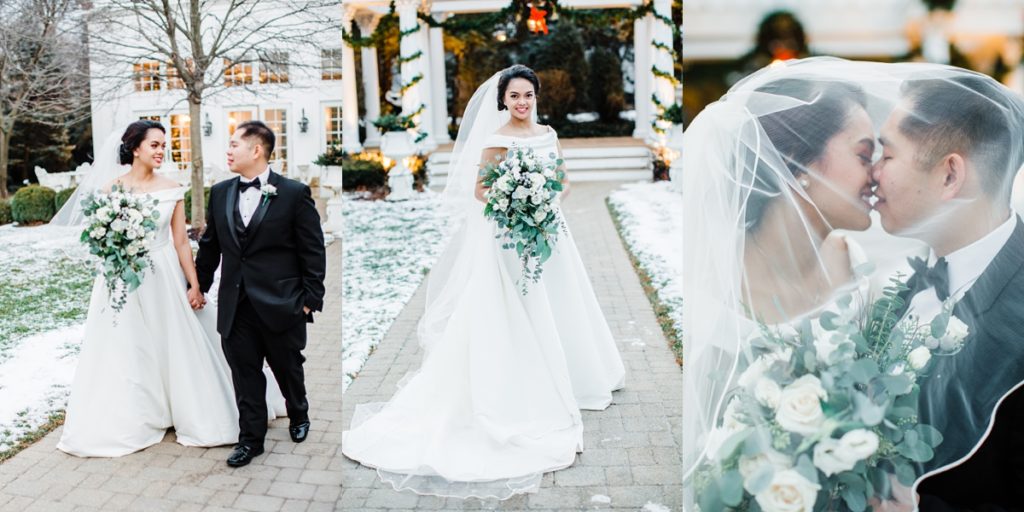 wedding couple winter outside pictures, bride holding flowers