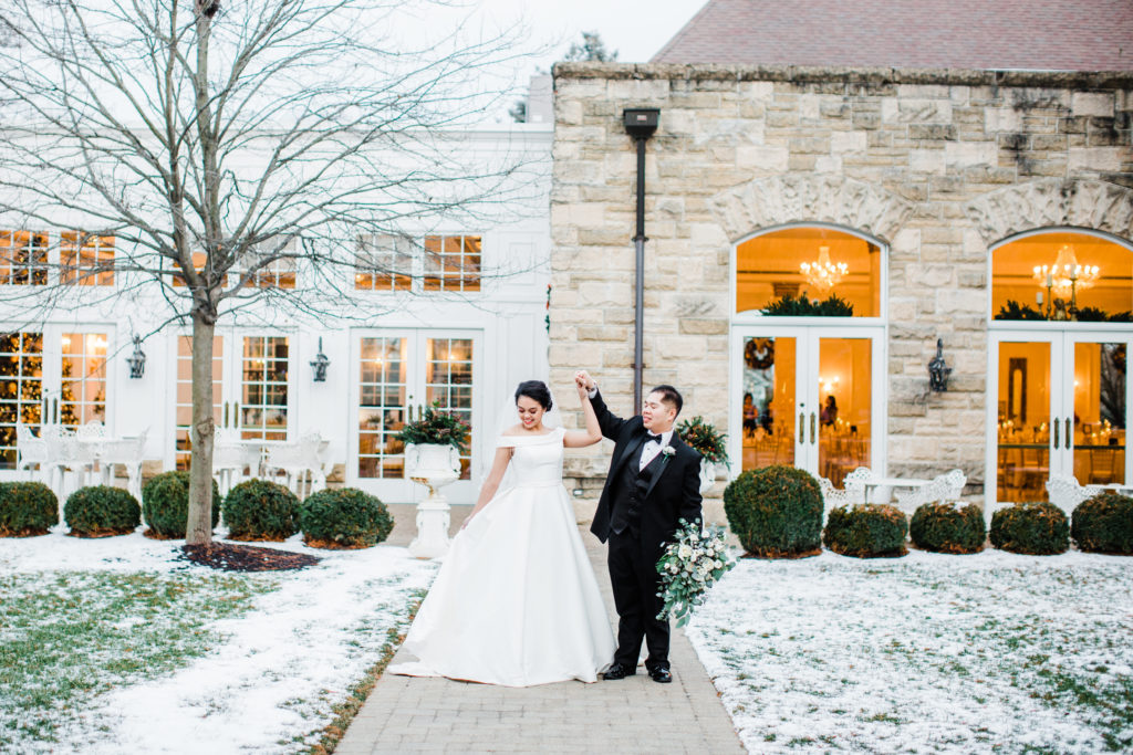 wedding couple outside of wintery Haley Mention in Joliet IL