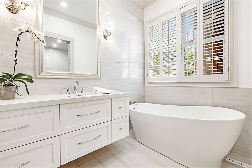 beautiful bathtop and vanity top in the bathroom by chicago interior photographer
