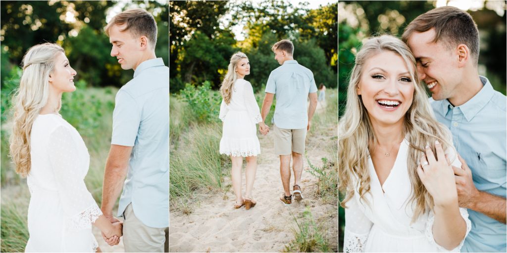 happy engagement session pictures Evanston Lighthouse beach by Chicago wedding photographer