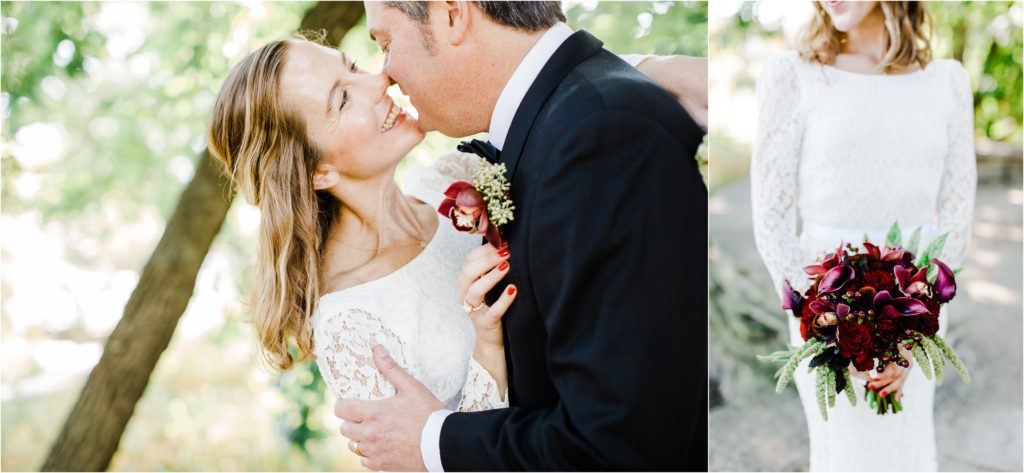 bride and groom bridal flowers, Alfred Caldwell Lily Pool wedding Chicago wedding photographer