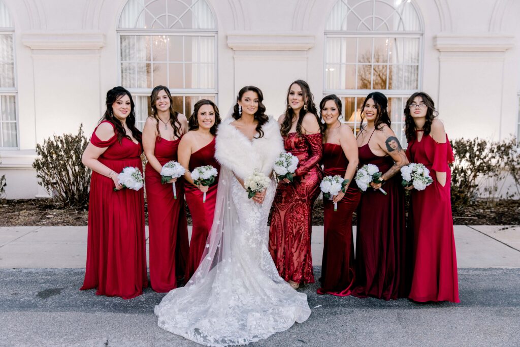 Wedding at Abbington Distinctive Banquets  bridal party portraits outside 