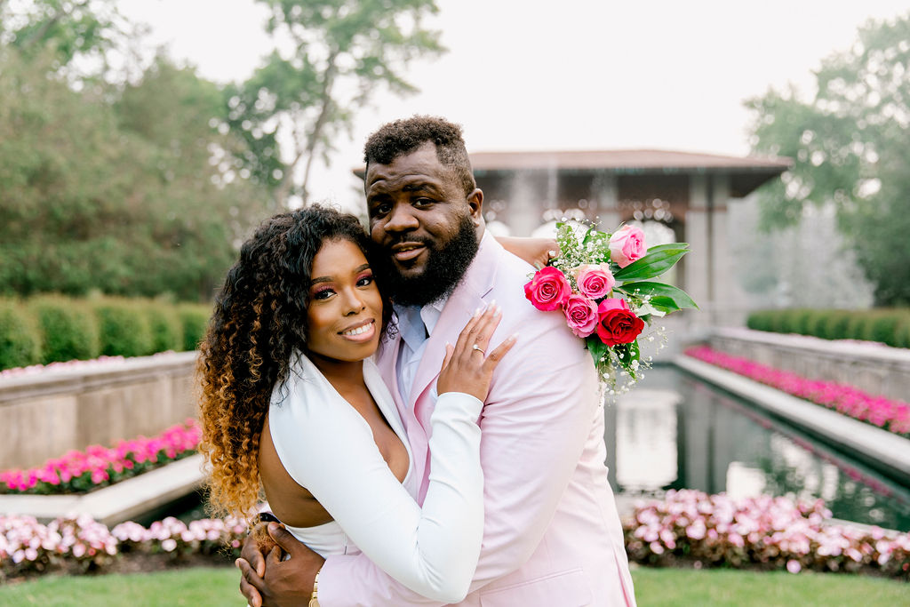 Love in Full Bloom: A romantic engagement session amidst the blooming gardens of Armour House, capturing the couple's love story as it flourishes in a picturesque setting.