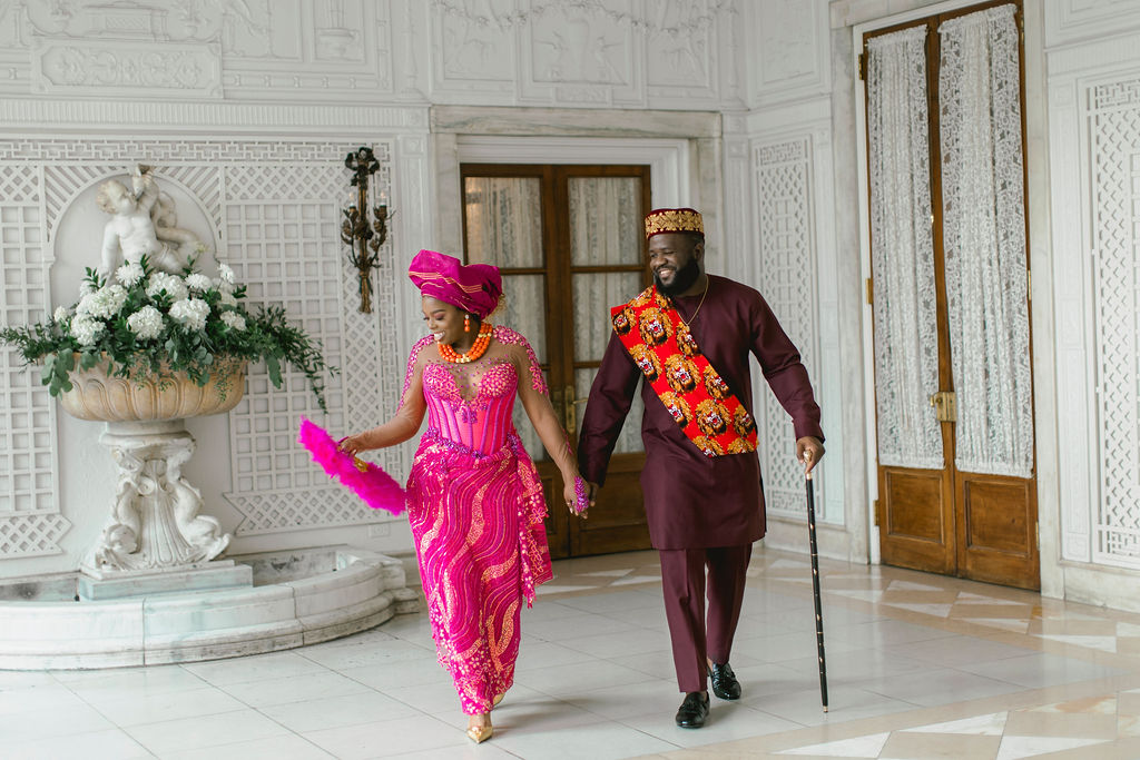 eye-catching fuchsia attire, the couple brings a burst of color and cultural significance to every frame captured at the engagement session in the summer.