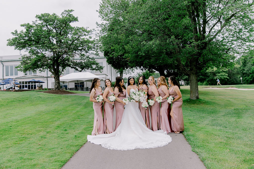 bride with bridesmaids  satin rose quartz dresses from Ravelry