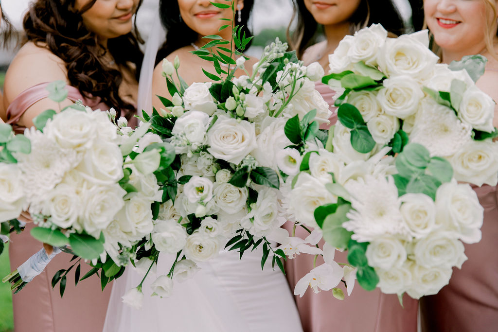 bride with bridesmaids  satin rose quartz dresses from Ravelry