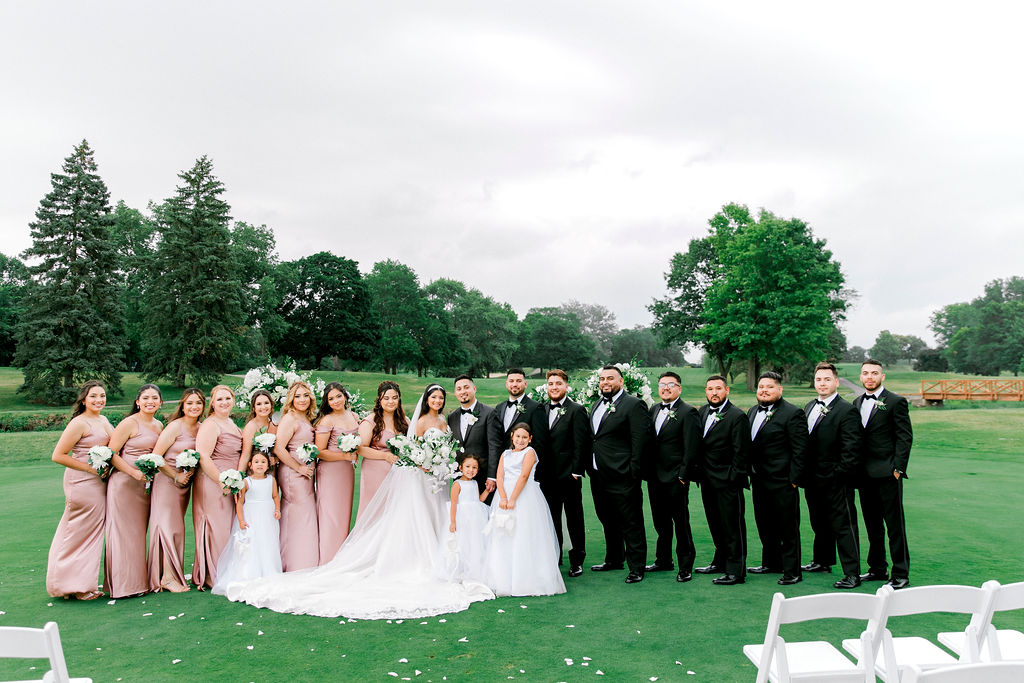 Celebrating Forever: Itasca Country Club Wedding Love Story, Tying the Knot in Style: A Stunning Itasca Country Club Wedding by Chicago wedding Photographer Bozena Voytko bride with bridesmaids  satin rose quartz dresses from Ravelry