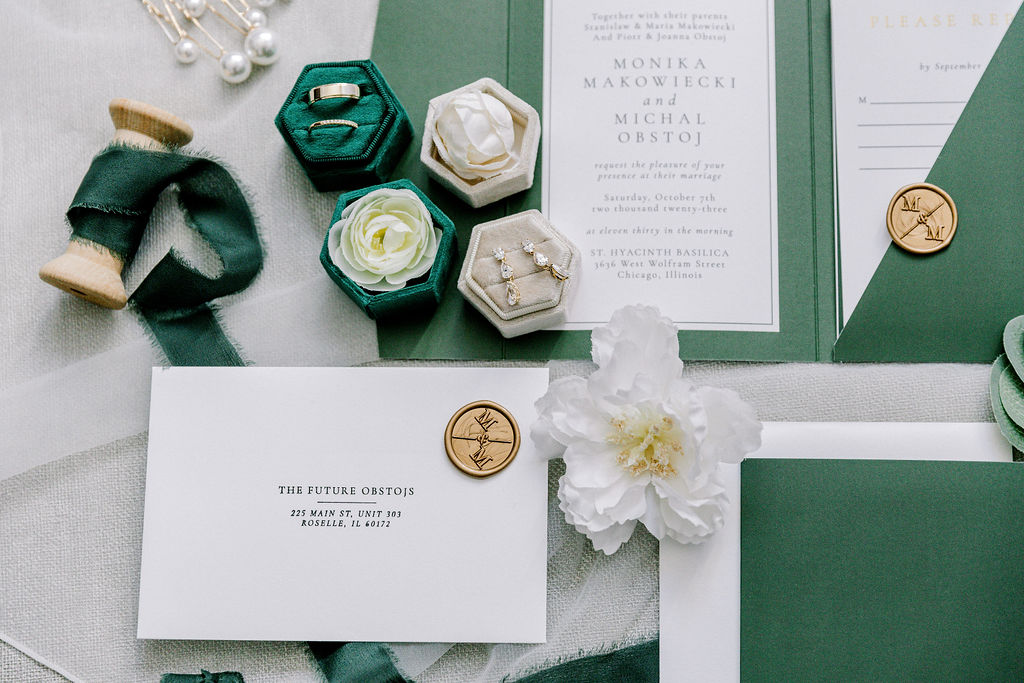 Victoria in the Park and Dominican University Chicago Wedding emerald green and gild wedding invitations