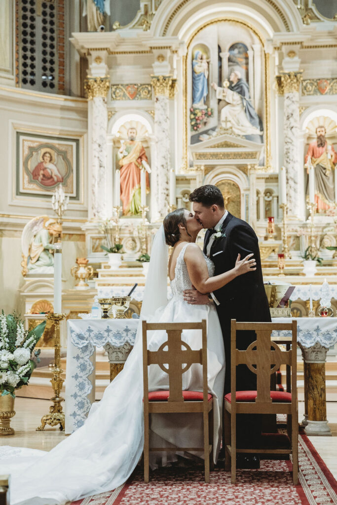 wedding ceremony first kiss St. Hyacinth Basilica in Chicago