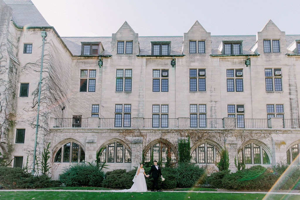 romantic portraits at Dominican University and Victoria in the Park Chicago Wedding emerald green and gold