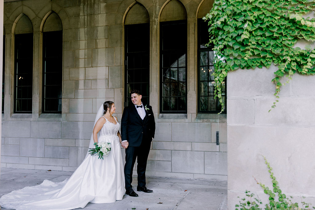 romantic portraits at Dominican University and Victoria in the Park Chicago Wedding emerald green and gold