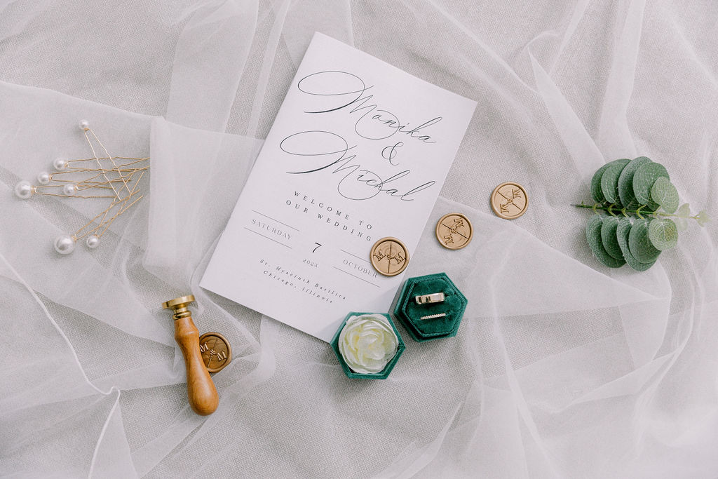 Victoria in the Park and Dominican University Chicago Wedding emerald green and gold wedding invitatiins suite