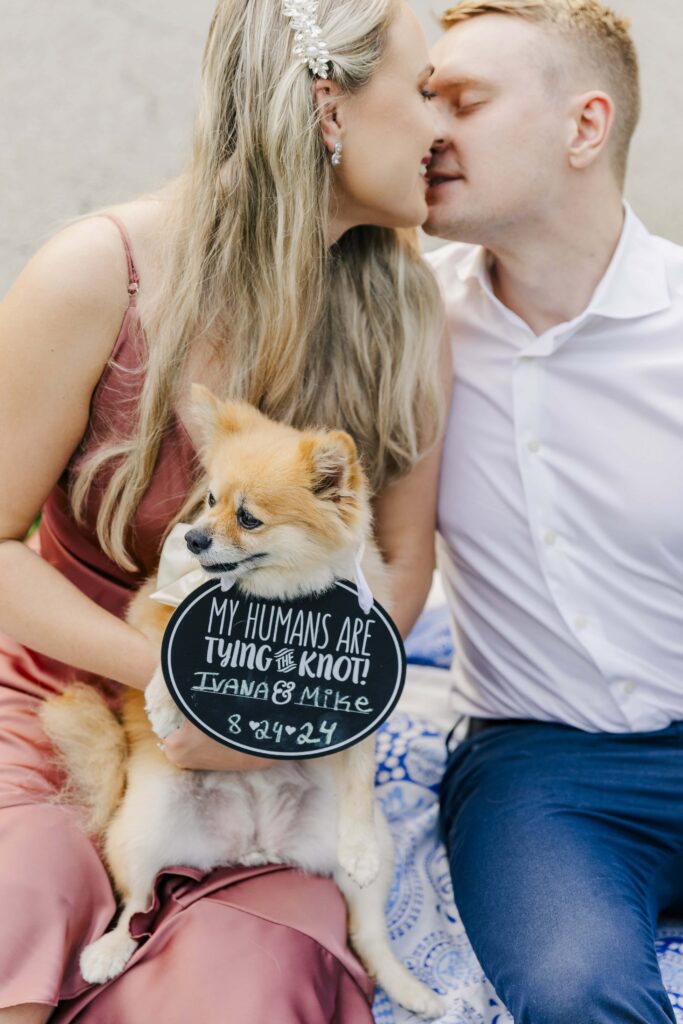 Engagement Session Props custom made sign and dog on the balnket