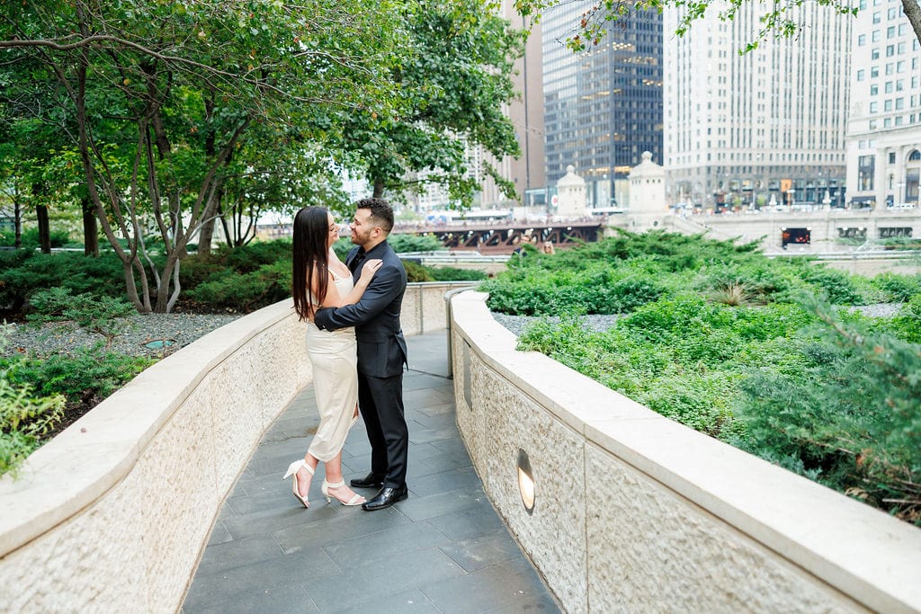 North Ave Beach Engagement Session Featuring Wrigley Building Elegance